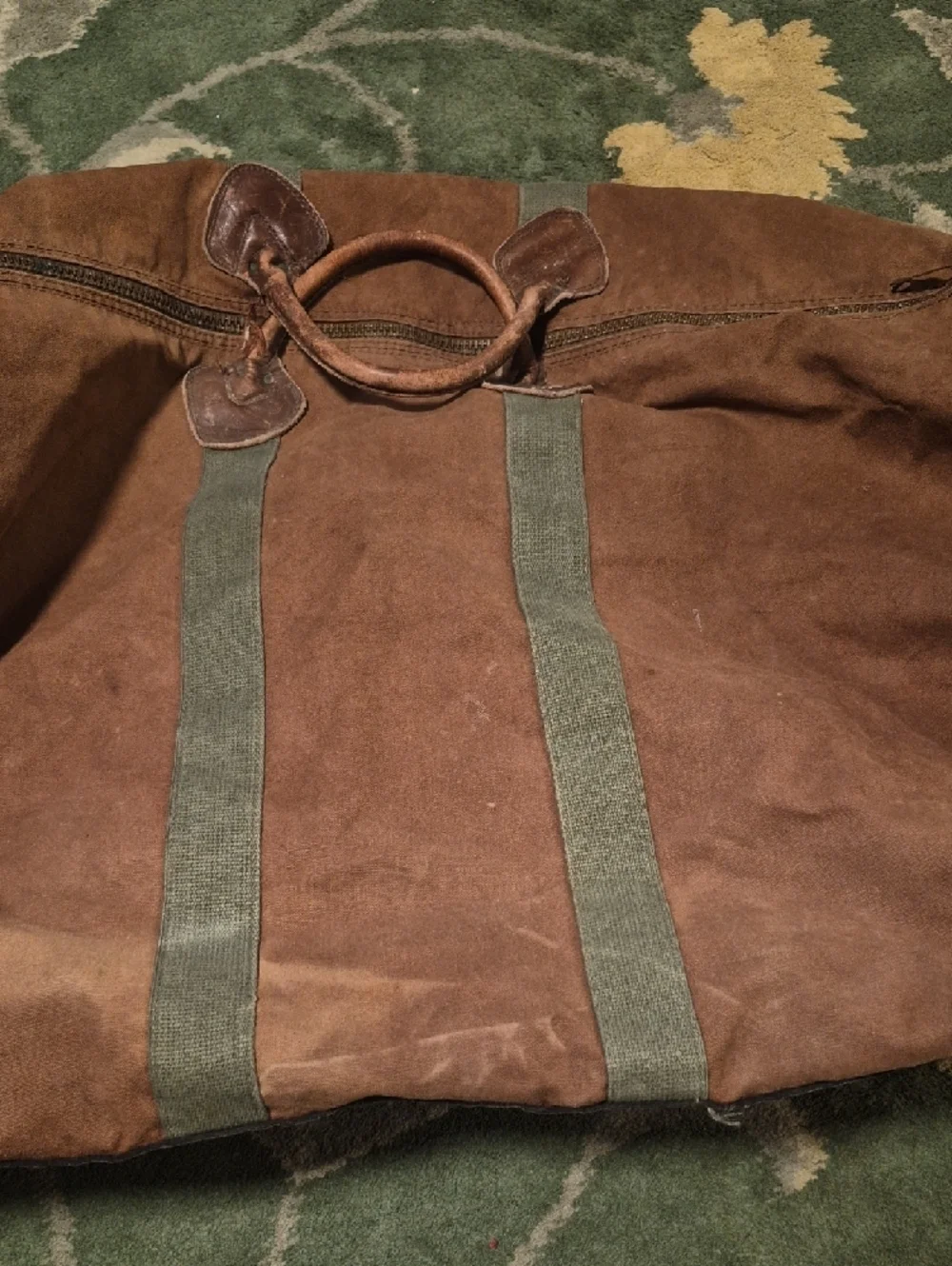 L.L. Bean Brown Canvas Duffel with Green Straps